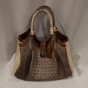 Brahmin Elegant Croc-Embossed Satchel in Brown and Cream